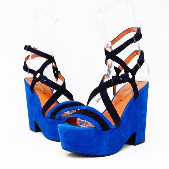 VIA SPIGA #MCA002-32603 Royal Blue Double Strap Suede Wedge Heels (US 7 EU 37)